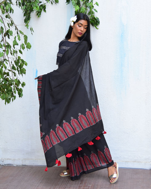 Moonlit Serenade Hand Block Printed Mulmul Cotton Saree